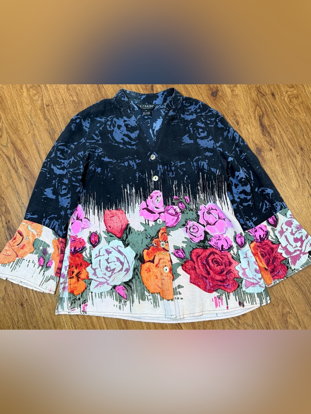 CITRON SANTA MONICA 100% Silk Blouse Rose Floral Colored Roses Pearl Buttons M